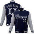 Custom Navy & Gray & White Color Block Cotton-Blend Full-Snap Varsity Jacket - front view