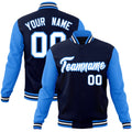 Custom Navy & Powder Blue & White Color Block Cotton-Blend Full-Snap Varsity Jacket - front view