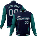 Personalized Navy & Teal & Gray Color Block Cotton-Blend Full-Snap Varsity Jacket - front view