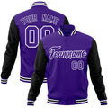 Custom Purple & Black & White Color Block Cotton-Blend Full-Snap Varsity Jacket - front view