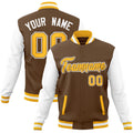 Custom Light Brown & White & Gold Color Block Cotton-Blend Full-Snap Varsity Jacket - front view