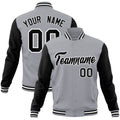 Personalized Gray & Black & White Color Block Cotton-Blend Full-Snap Varsity Jacket - front view