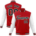 Custom Red & White & Black Color Block Cotton-Blend Full-Snap Varsity Jacket - front view