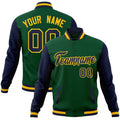 Personalized Green & Navy & Gold Color Block Cotton-Blend Full-Snap Varsity Jacket - front view
