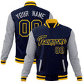 Custom Navy & Gray & Gold Color Block Cotton-Blend Full-Snap Varsity Jacket - front view