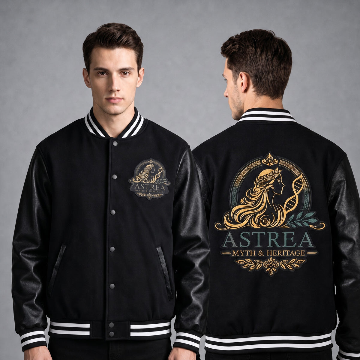 Astrea Myth and Heritage Faux Leather Sleeve Varsity Jacket - Black and Gold Embroidered Letterman Jacket