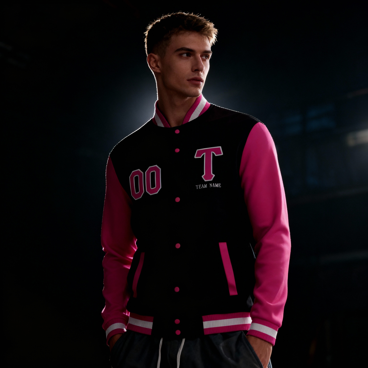 Personalized Black Pink Letterman Jacket Stitched Full-Snap Coats for Adults