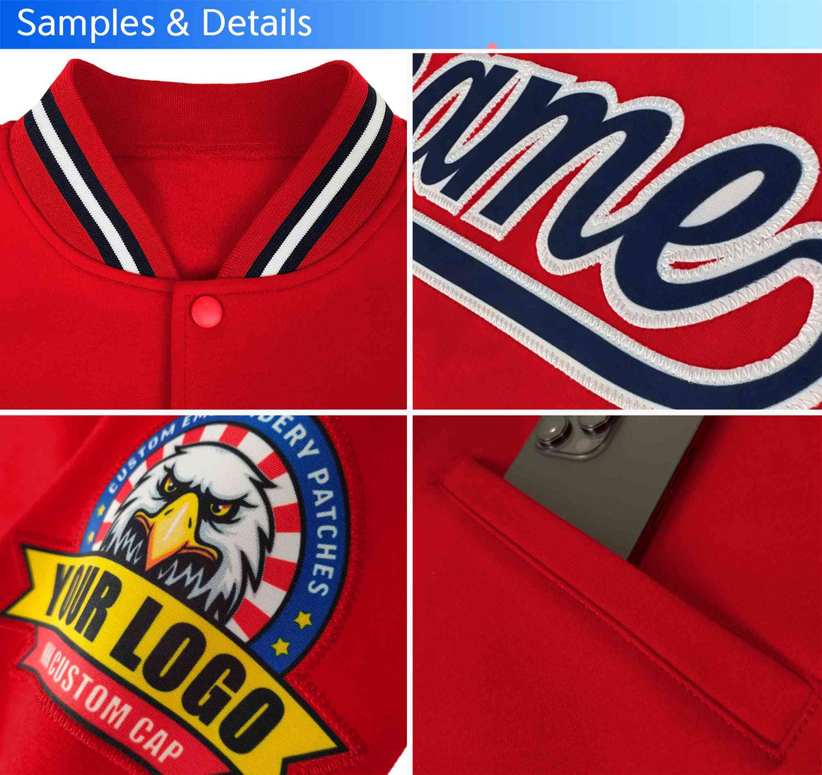 Custom Crimson Navy-Khaki Letterman Jacket Contrast Sleeves Varsity Full-Snap