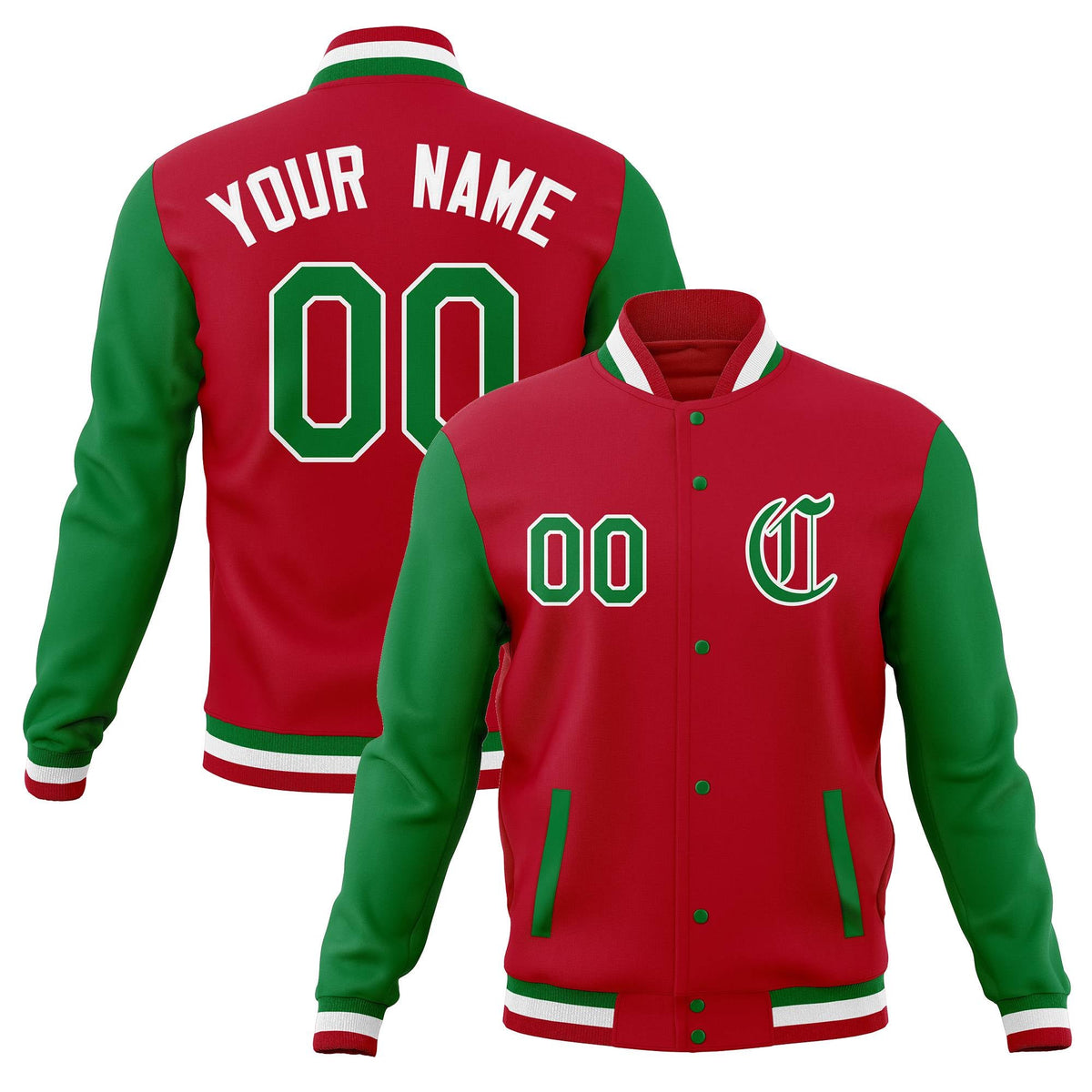 Custom Red Kelly Green Varsity Letterman Jackets Personalized Baseball Coats Full-Snap with Contrast Sleeves